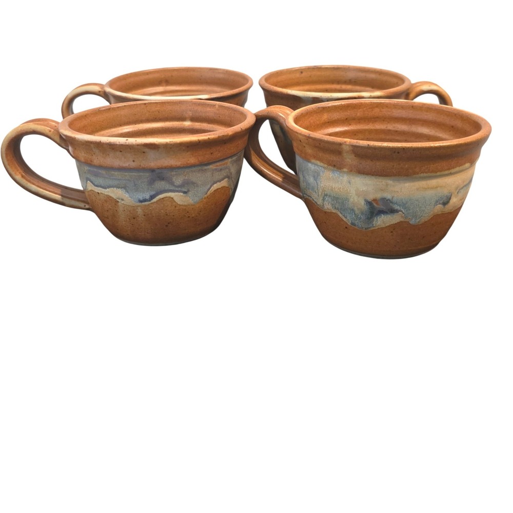 Dirtworks Studio Pottery Mugs Set of 4 Orange Blue Landscape Signed Southwest